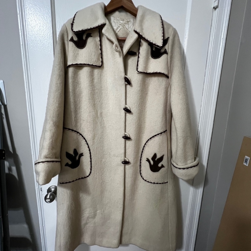 Wool Blend Cream Pea Coat with Decorative Trim